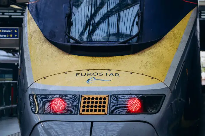 Close up on a Eurostar train on a platform in London, ready to depart for Paris.