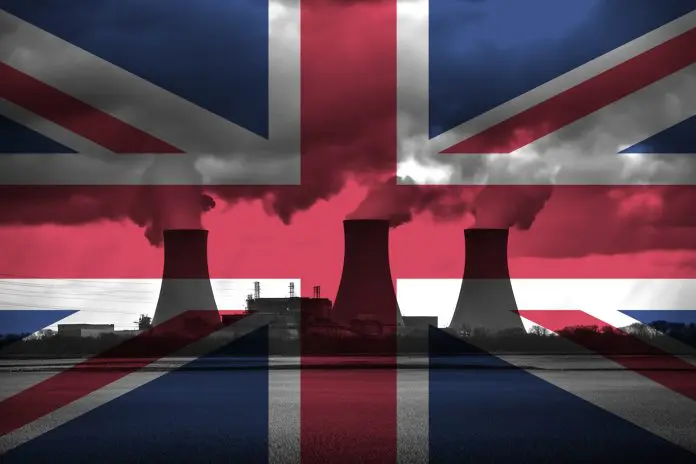 Nuclear Power Plant with British National Flag Overlay - UK Energy Future